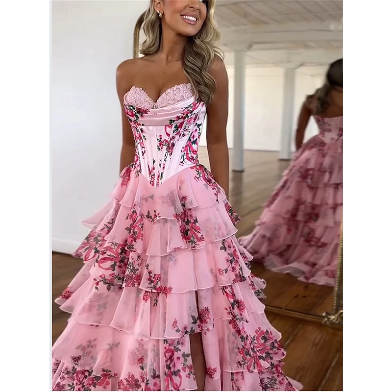 A-Line Quinceanera Dresses Corset Tiered Dress Wedding Wedding Guest Floor Length Sleeveless Strapless Chiffon Backless with Floral Print Wedding Guest Dress4