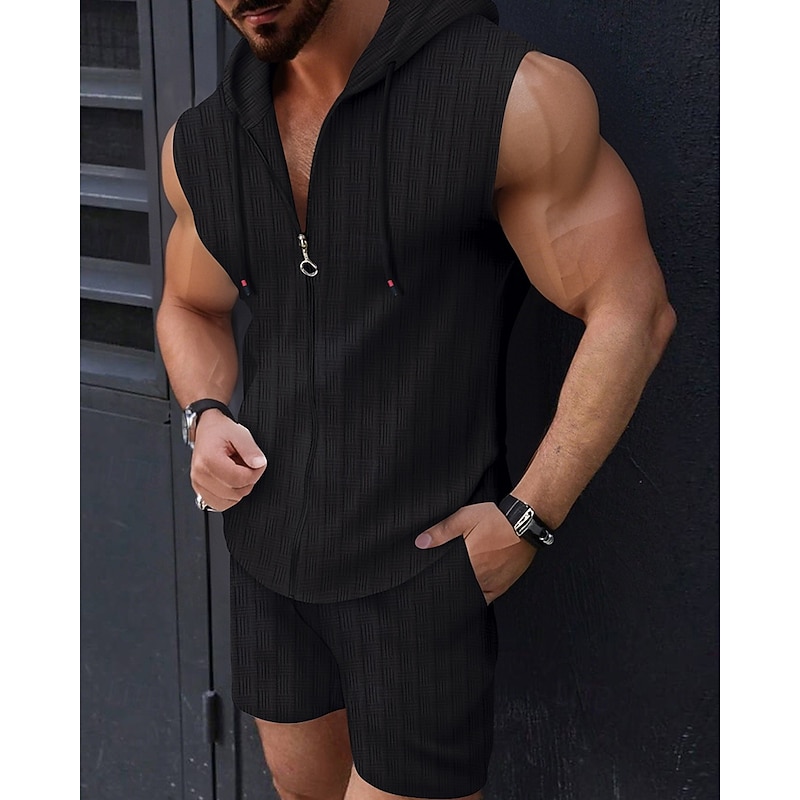 Men's T-shirt Suits 2 Pieces Outfits Tee & Shorts Sleeveless Hooded Summer Plain Fashion Casual 2 Piece Vacation Daily Wear Going out Black Pink White Top Tee for Men4