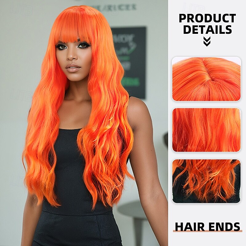 Synthetic Wig Wavy Curly Weave Layered Haircut With Bangs Machine Made Wig 28 inch A1 Synthetic Hair Women's Classic Comfortable Color Gradient Orange2