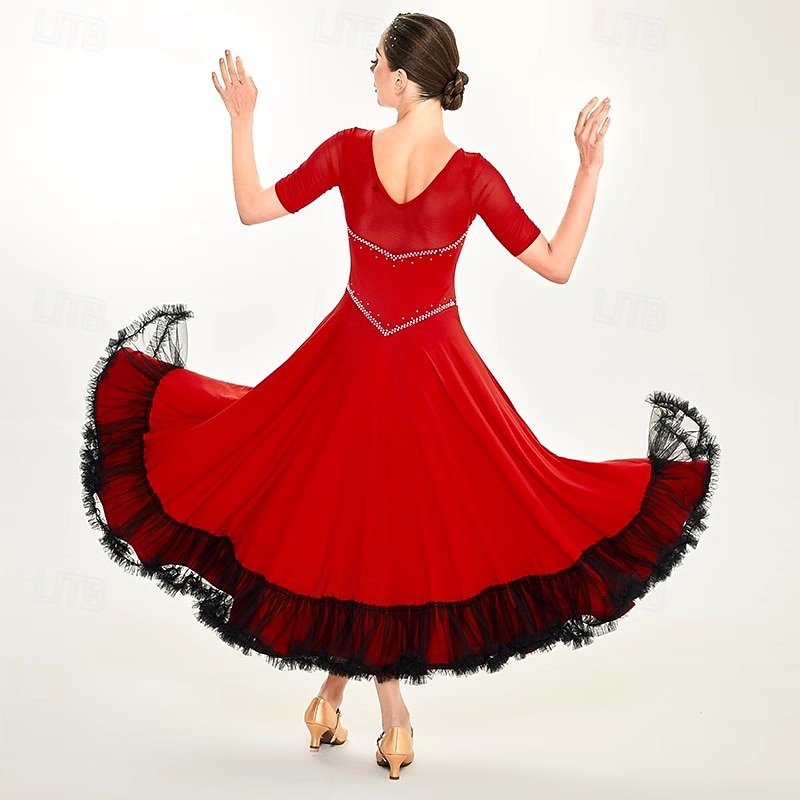 Women's Ballroom Dance Competition Dress Modern Waltz Tango Standard Dress Short Sleeve Performance Costumes2