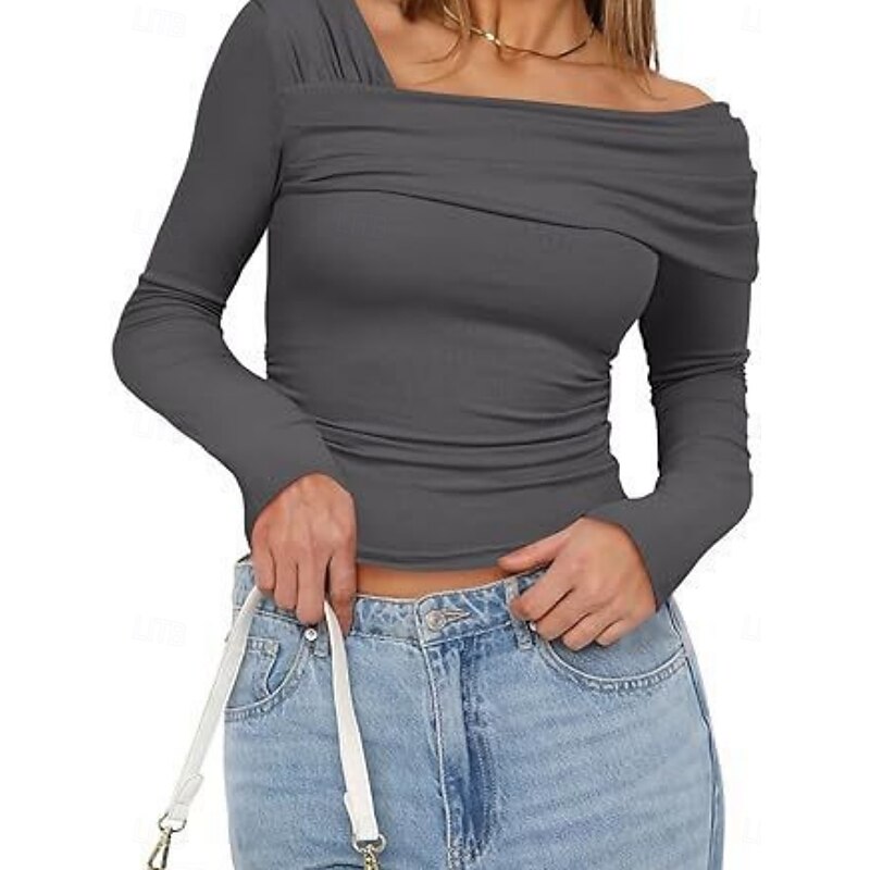Women's Blouse Plain Modern Y2K Long Sleeve V Neck Regular Tops Daily Holiday Ruched Black White Pink Camel Brown Summer2