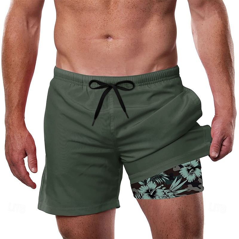 Men's Tropical Plants Flowers Lined Shorts 2 in 1 Board Shorts Swim Shorts Mid Waist Hawaiian Vacation Beach Wear Side Pockets With Compression Liner Elastic Drawstring Waist Designer Clothing Apparel