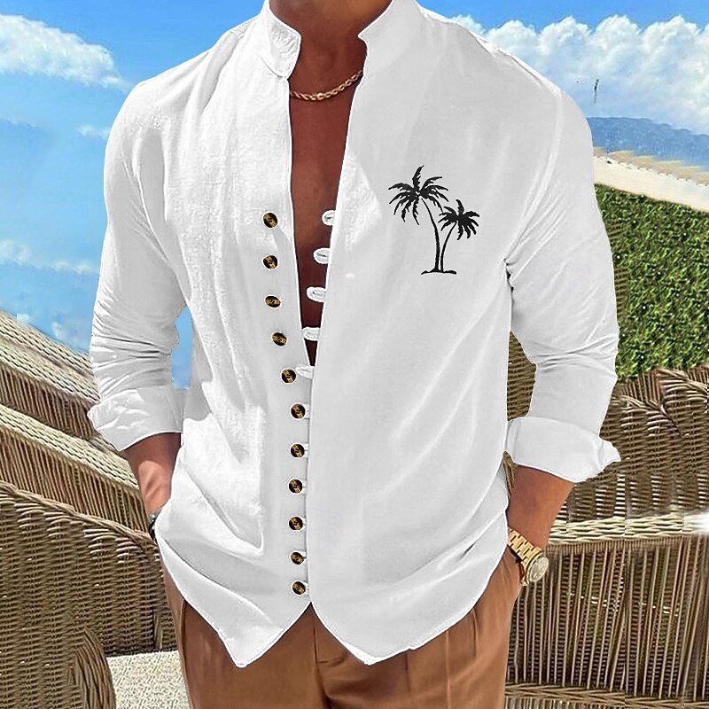 Men's Shirt Linen Shirt Summer Shirt Beach Wear Button Up Shirt Coconut Tree Vacation Holiday Black White Purple Khaki Long Sleeve Stand Collar Summer Spring Clothing Apparel Buttons4