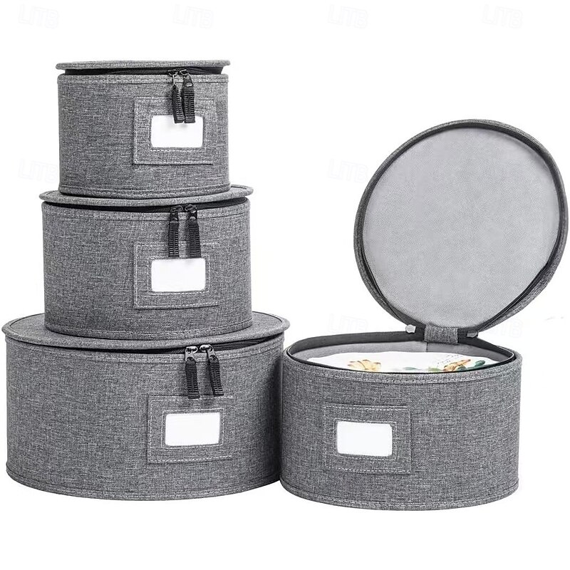 4 Pack Puricon Dinnerware Storage Containers Set, China Plate Storage Bags Protectors for Round Crockery Storage with Felt Plate Dividers -Grey