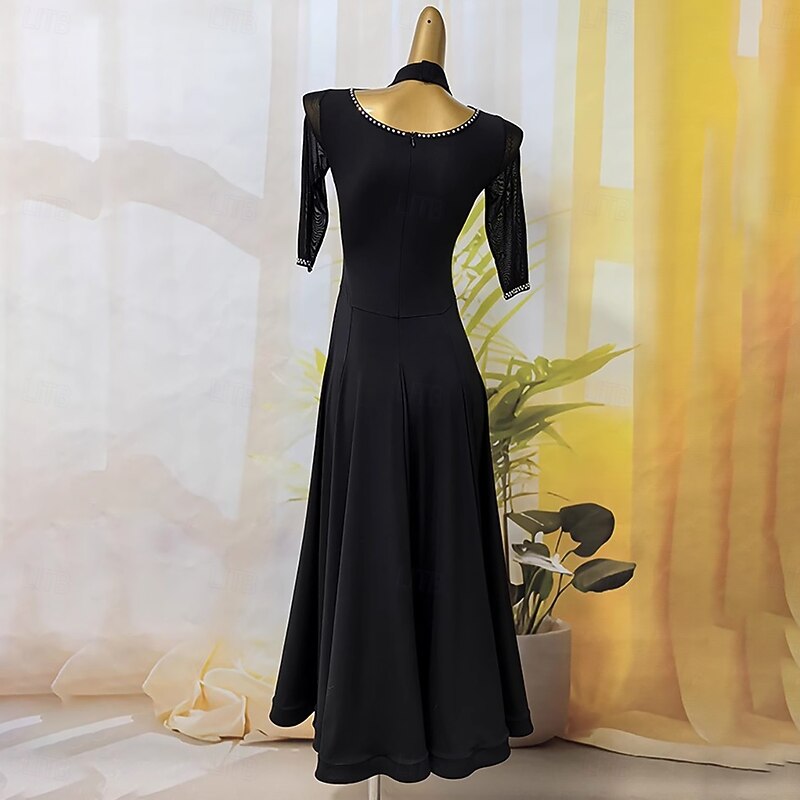 Ballroom Dance Dress Crystal / Rhinestone Splicing Women's Performance Training Half Sleeve Crystal Cotton Mesh2