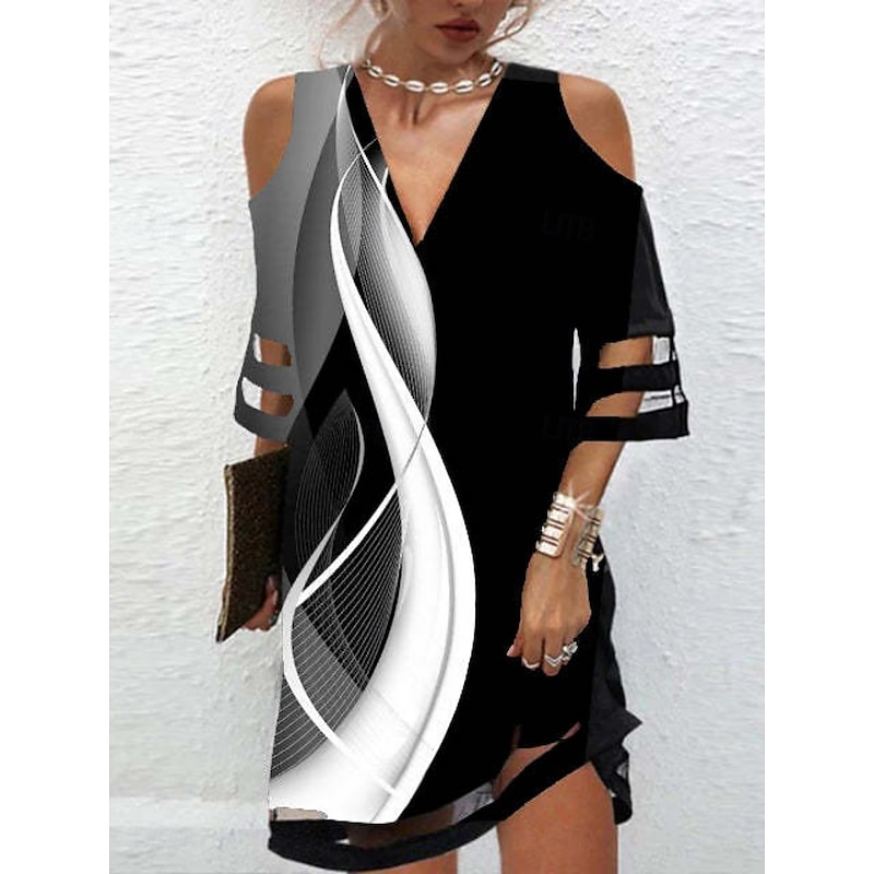 Women's Mini Dress A Line Dress Off The Shoulder Dress Casual Outdoor Beach Regular Fit Ombre Floral Graphic Half Sleeve V Neck Black White Blue Purple Summer Spring2