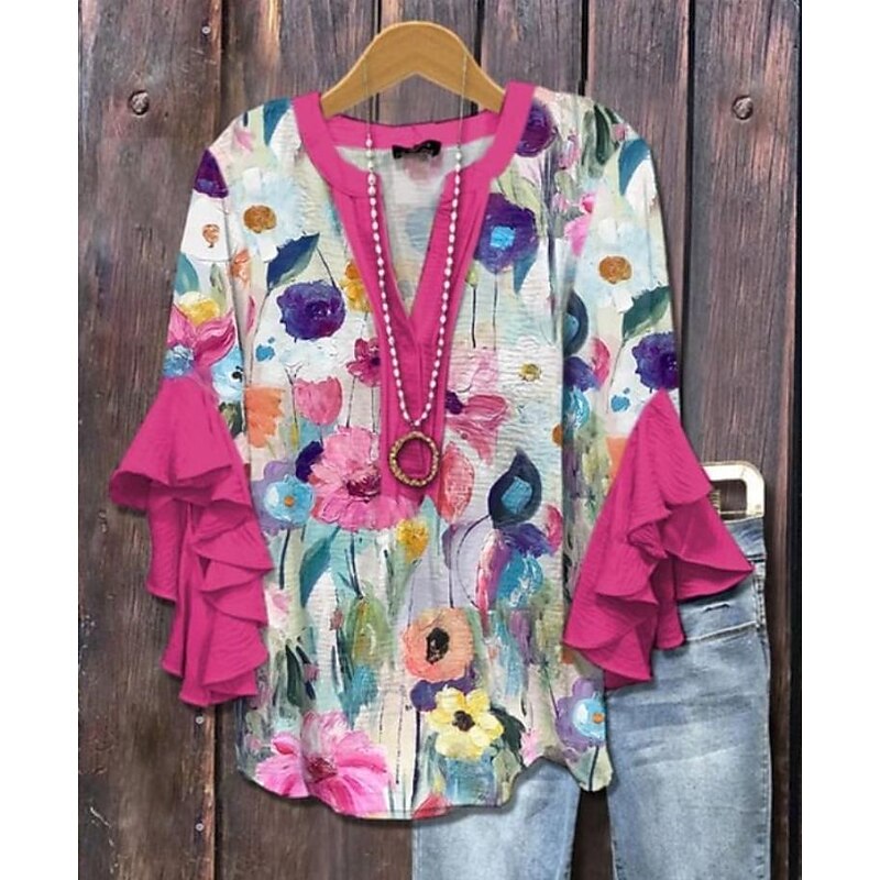 Women's Blouse V Neck Layered Ruffle Sleeve Tops Floral Graphic Paisley Daily Stylish Casual 3/4 Length Sleeve Regular Tops Daily Holiday Vacation Wear Print Yellow Pink Blue Dusty Blue Summer Spring4