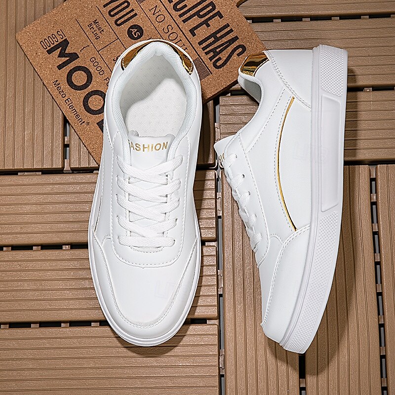 Men's White Sneakers - Faux Leather Material with Gold Accents, Stylish Design for Daily Wear and Casual Events4