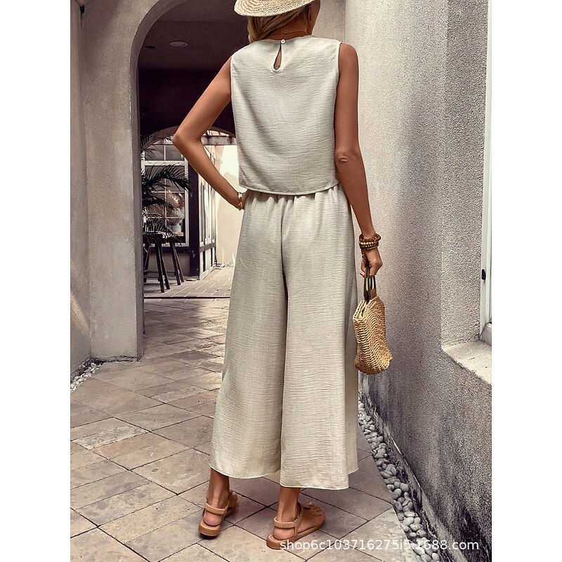 Women's 2 Pieces Fashion Streetwear Daily Pants Sets Sleeveless Crew Neck Solid Color Drawstring Vacation Casual Daily Pink Blue Orange Summer Loose Fit