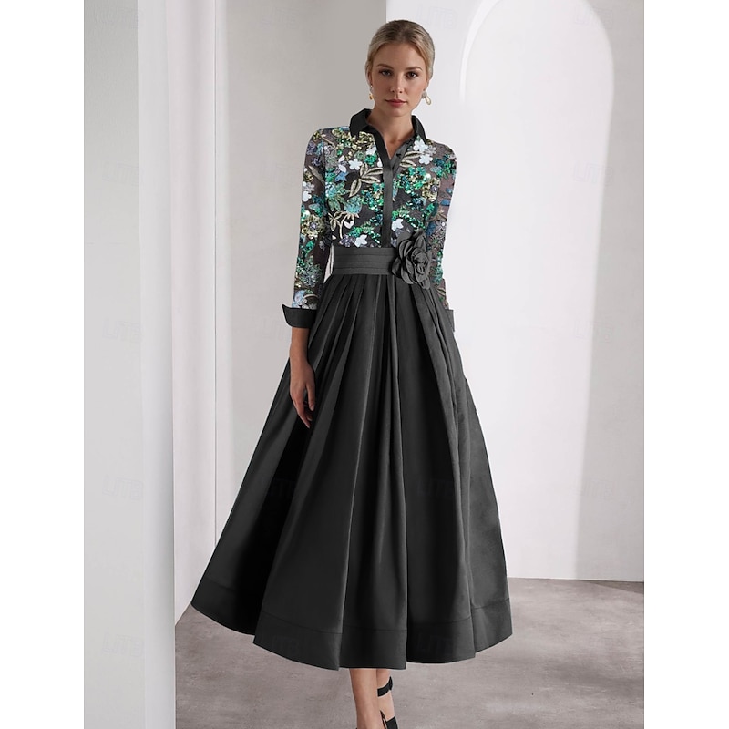 Embroidered A-Line Mother of the Bride Cocktail Dresses Elegant Formal Wedding Floor Length Long Sleeve Shirt Collar Satin with Glitter4