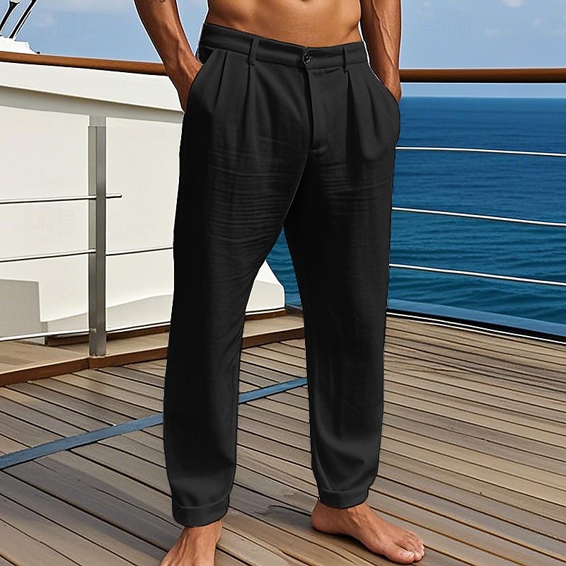 Men's Linen Pants Trousers Summer Pants Beach Pants Pocket Pleats Plain Comfort Breathable Vacation Daily Holiday Hawaiian Boho Black White2