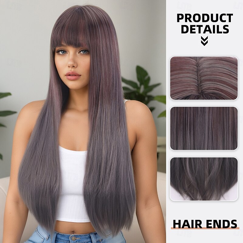 Synthetic Wig Straight kinky Straight Layered Haircut Neat Bang Machine Made Wig 28 inch A1 Synthetic Hair Women's Party Classic Comfortable Gray2
