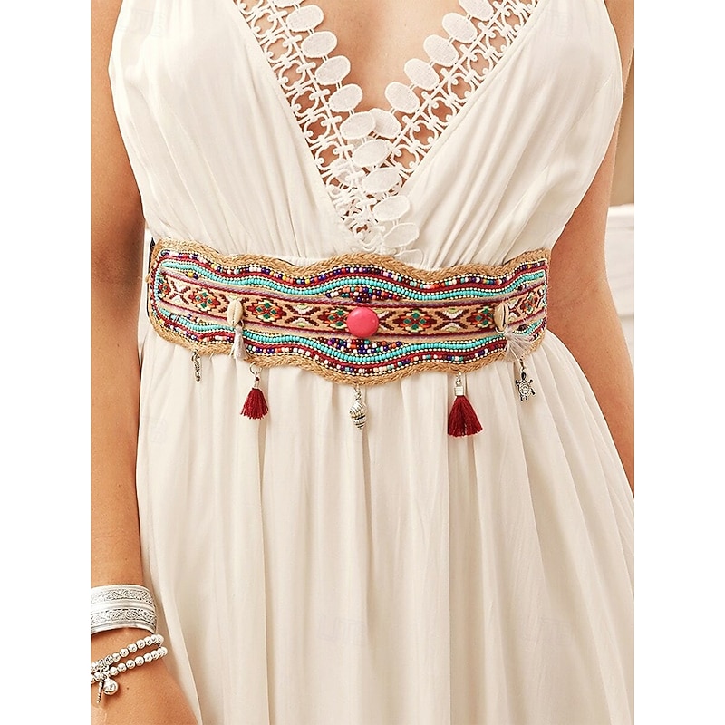 Women's Bohemian Handmade Beaded Belt, Stretch Elastic Band with Tassels and Charms - Women's Colorful Embroidered Design, Perfect for Beachwear, Festivals and Summer Occasions