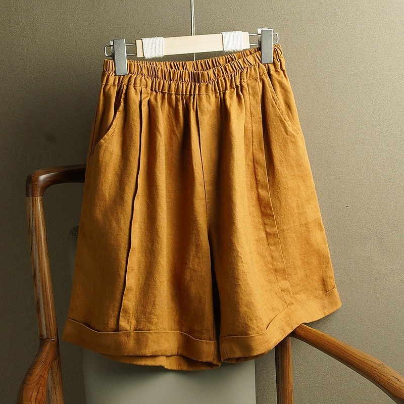 Women's Cotton Linen Pants Slacks Crop Fashion Knee Length Natural Plain Pocket Elastic Waist Comfy Outdoor Outdoor Going out Apricot Light Sky Blue Black White Summer Regular Fit4