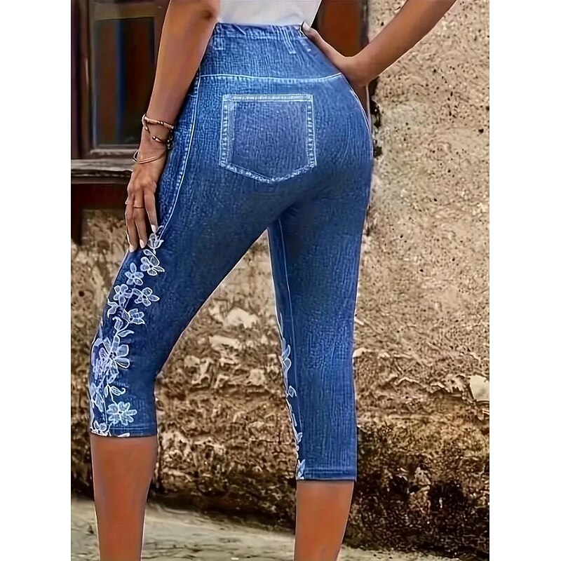 Women's Leggings Capri Pants High Elasticity Vacation Vintage Fashion Calf-Length Mid Waist Floral Graphic Printing Breathable Soft  Vacation Casual Daily Robin's Egg Blue Summer Spring Regular Fit2