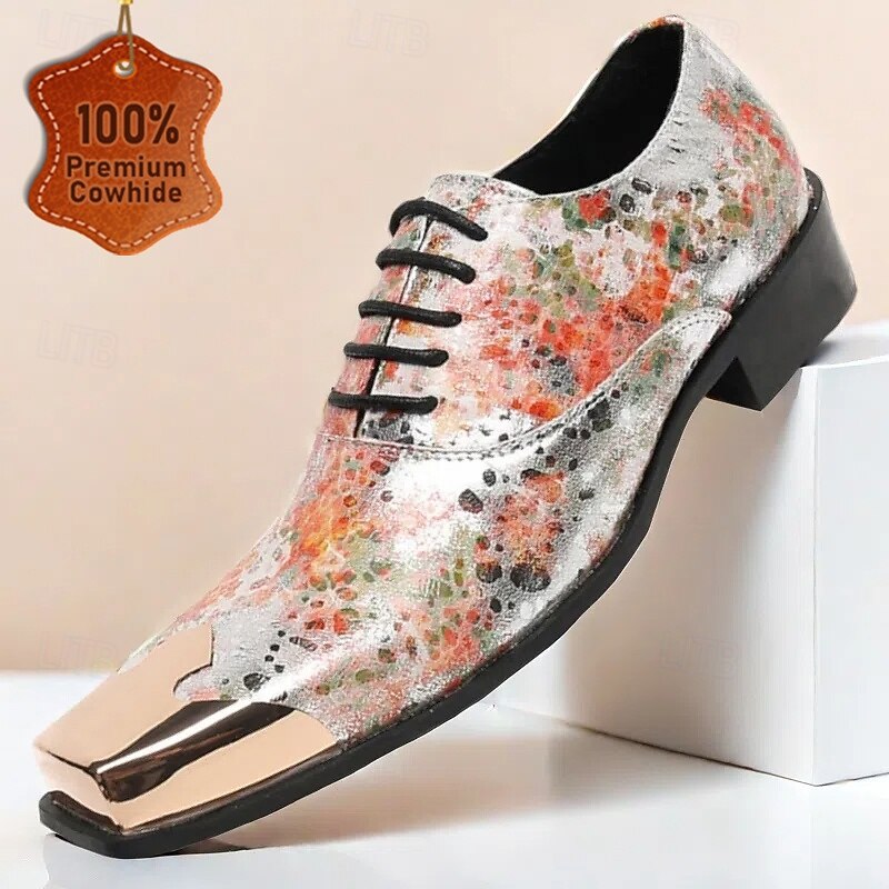 Men's Floral Printed Patent Leather Oxford Shoes – Colorful Prom and Wedding Dress Shoes with Metal Toe Cap - Main Image