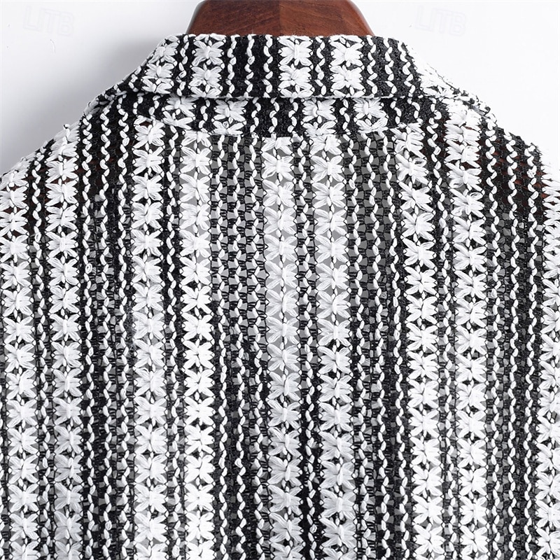 Men's Shirt Summer Shirt Casual Shirt Beach Shirt Button Up Shirt Black Short Sleeve Stripes Lapel Vacation Hawaiian Clothing Apparel Polyester Fashion Casual Comfortable Pocket4