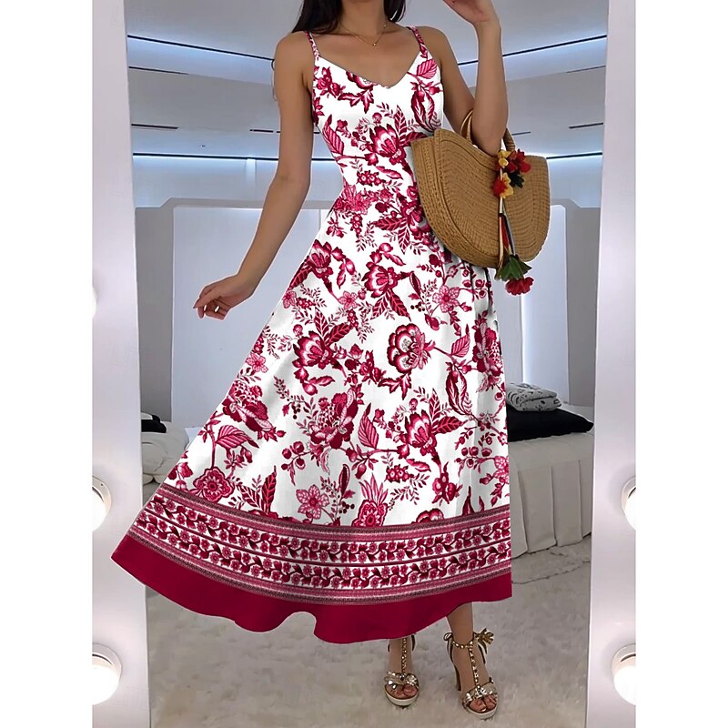 Women's Maxi Dress A Line Dress Slip Dress Vacation Casual Boho Party Going out Standard Fit Floral Graphic Sleeveless V Neck Red Blue Green Summer Spring3