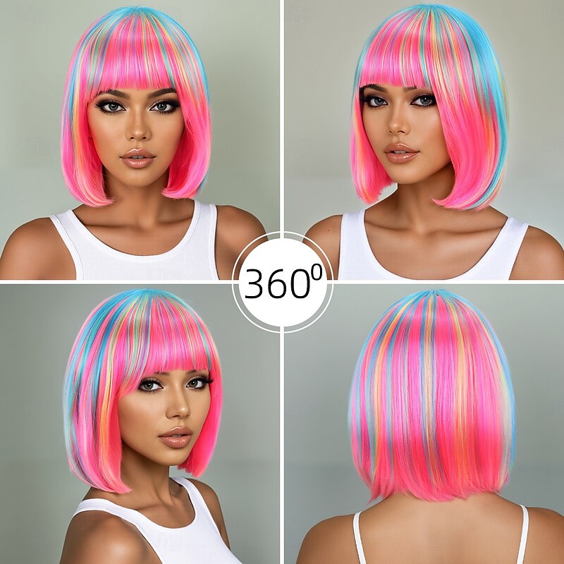 Synthetic Wig kinky Straight Natural Straight Layered Haircut Neat Bang Machine Made Wig 14 inch A1 Synthetic Hair Women's Classic Comfortable Ombre Hair Mixed Color4