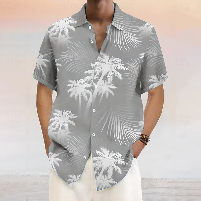 Men's Coconut Tree Tropical Plants Shirt Summer Hawaiian Shirt Button Up Shirt Short Sleeve Hawaiian Vacation Holiday Beach Wear Summer Turndown 3D Print Front One Pocket Linen Like Shirt Pink Blue3