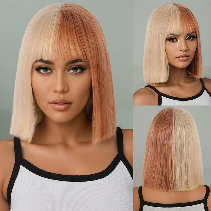 Synthetic Wig kinky Straight Yaki Straight Deep Parting Neat Bang Machine Made Wig 12 inch A1 Synthetic Hair Women's Classic Comfortable Color Gradient Multi-color