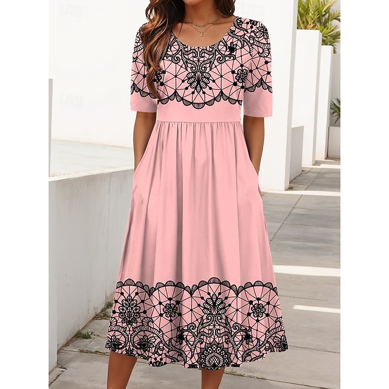 Women's Midi Dress A Line Dress Summer Dress Vacation Casual Daily Holiday Regular Fit Floral Graphic Half Sleeve Crew Neck Black Pink Blue Summer4