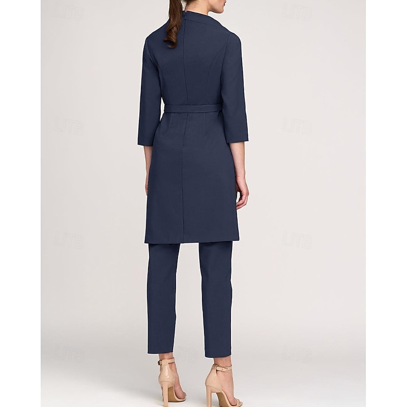 Two Piece Mother of the Bride Pantsuit Simple Minimalist Casual V Neck Ankle Length Crepe 3/4 Length Sleeve with Sash / Ribbon3