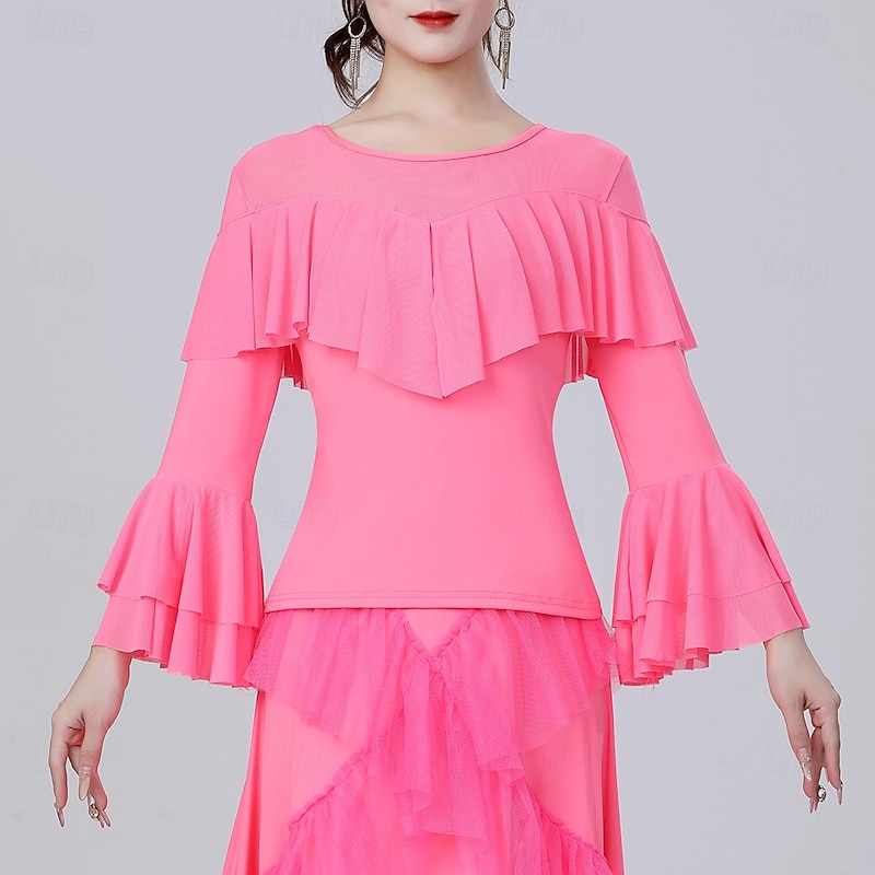 Latin Dance Top Ruffles Pure Color Splicing Women's Performance Training Long Sleeve High Polyester2