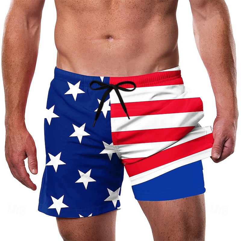 Men's American US Flag Patriotic Lined Shorts 2 in 1 Board Shorts Swim Shorts Mid Waist Hawaiian Vacation Beach Side Pockets With Compression Liner Elastic Drawstring Waist Designer Clothing Apparel