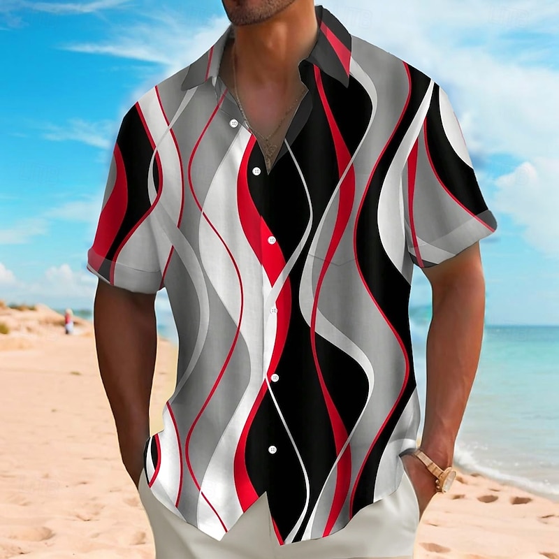 Men's Geometric Waves Abstract Art Shirt Summer Shirt Button Up Shirt Short Sleeve Fashion Casual Vacation Holiday Streetwear Summer Turndown 3D Print Front One Pocket Linen Like Shirt Red Blue Green