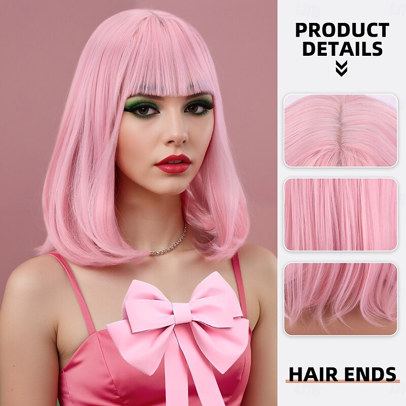 Synthetic Wig Straight kinky Straight Asymmetrical Neat Bang Machine Made Wig 14 inch A1 Synthetic Hair Women's Classic Comfortable Color Gradient Pink2