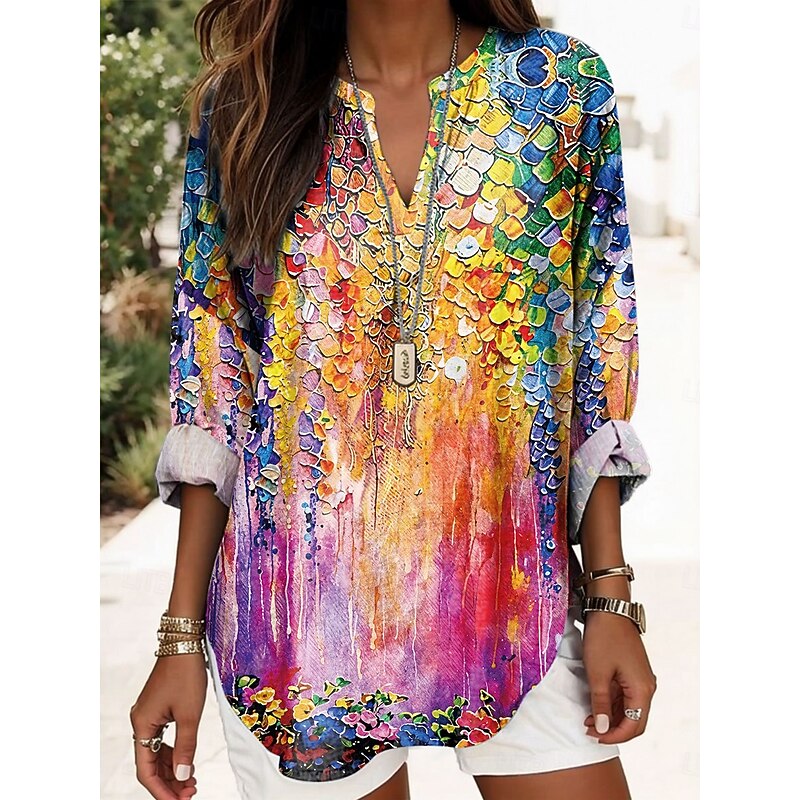 Women's Blouse Tunic V Neck Long Sleeve Boho Casual Floral Graphic Vintage Tropical Regular Tops Daily Vacation Wear Print Black Pink2