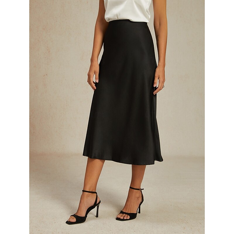 Women's Skirt Elegant Fashion Business Midi Mid Rise Skirts Plain Chiffon Flowy Party Evening Wear WorkWear Black Summer Satin3