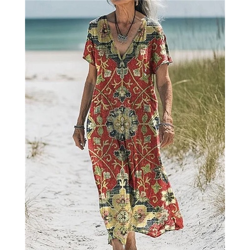Women's Long Dress Maxi Dress Cotton Linen Dresses Casual Dress Boho Dress Western Dress Fashion Outdoor Party Holiday Regular Fit Flower Short Sleeve V Neck Red Blue Green Khaki Summer4