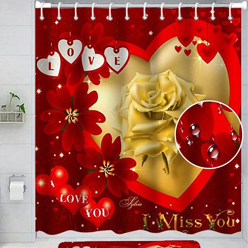4-Piece Shower Curtain Set Valentine's Day Bathroom Decor , Modern Home Bathroom Decor with Bath Mat, U-Shaped Mat, Toilet Lid Cover, and 12 Hooks
