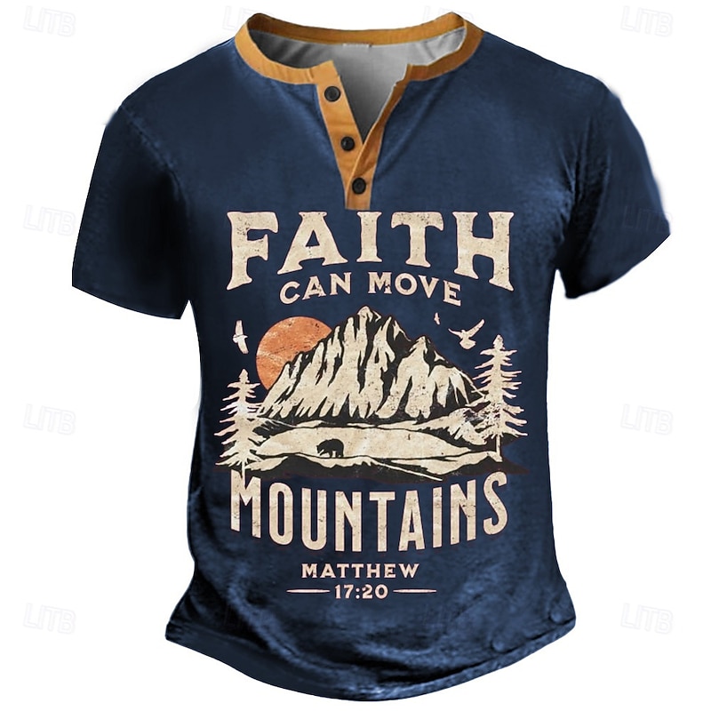 Men's Vintage Mountain T Shirt Henley Shirt Short Sleeve Designer Retro Vintage Street Casual Daily Summer Spring Army Green Dark Brown Black Navy Blue Henley Henley T-Shirt
