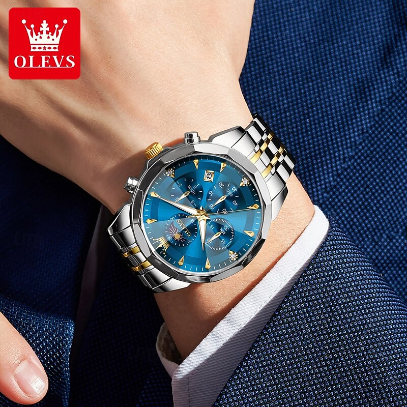 OLEVS 3673 Men's Watches Rhombus Dial Moon Phase Hand Clock Solid Stainless steel Waterproof Date Wristwatch2