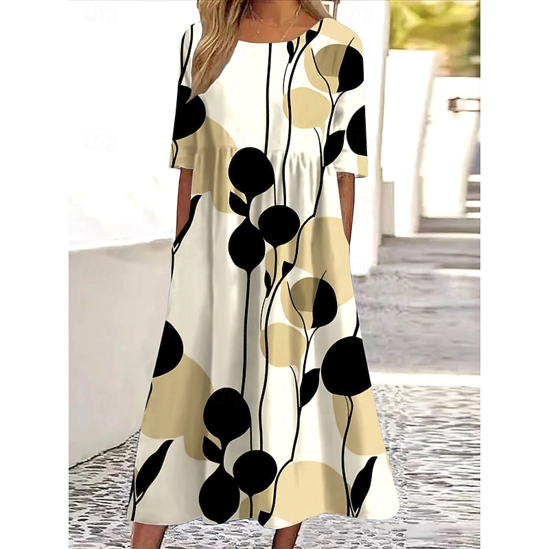 Women's Midi Dress Casual Dress T Shirt Dress Tee Dress Sundress A Line Dress Bohemia Vacation Vintage Regular Fit Floral Graphic Geometric Short Sleeve Crew Neck Khaki Summer