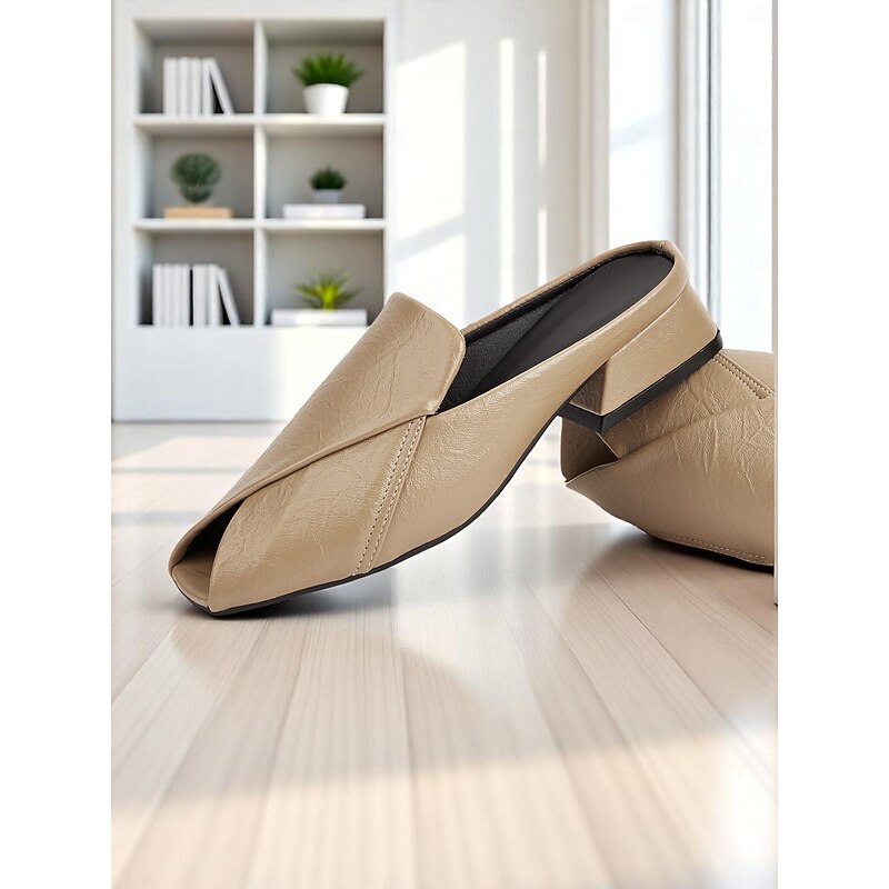 Women's Peep Toe Mules– Folded Design Faux Leather Mule Shoes for Modern Work Style3