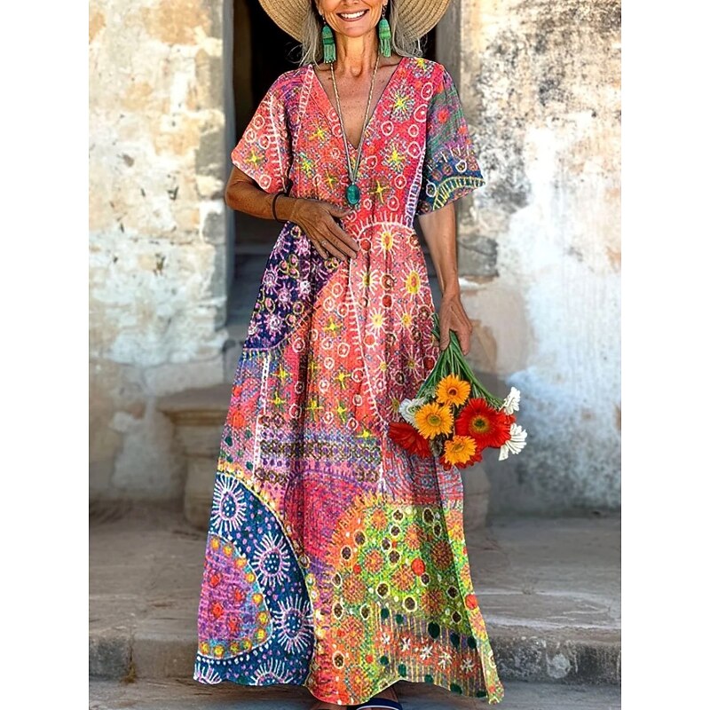 Women's Long Dress Maxi Dress Casual Dress Summer Dress Boho Dress Vintage Vacation Daily Weekend Regular Fit Floral Color Block Short Sleeve V Neck Red Green Summer