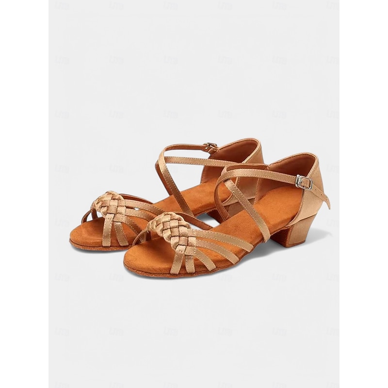 Women's Tan Latin Dance Shoes with Braided Strap Detail, Low Heel Design for Children's Latin Dance Performances
