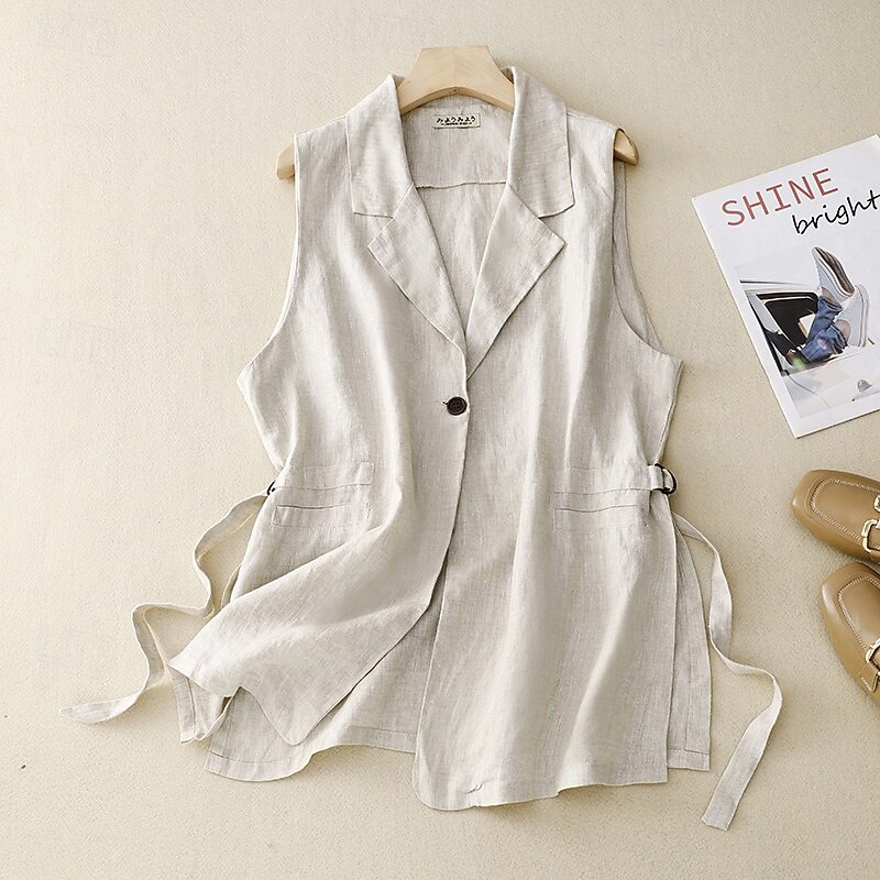 Women's  Cotton Linen Vest Plain Casual Sleeveless Shirt Collar Regular Tops Daily Holiday Going out Buttons Pocket Khaki Apricot Summer4