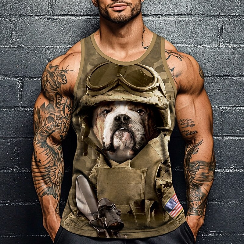 Combat Sam VINCENT HIE Men's Dog Vest Top Undershirt Sleeveless T shirt 3D Print Crew Neck Shirt Fashion Exaggerated Street Casual Daily Green Summer Spring Clothing Apparel S M L XL XXL XXXL