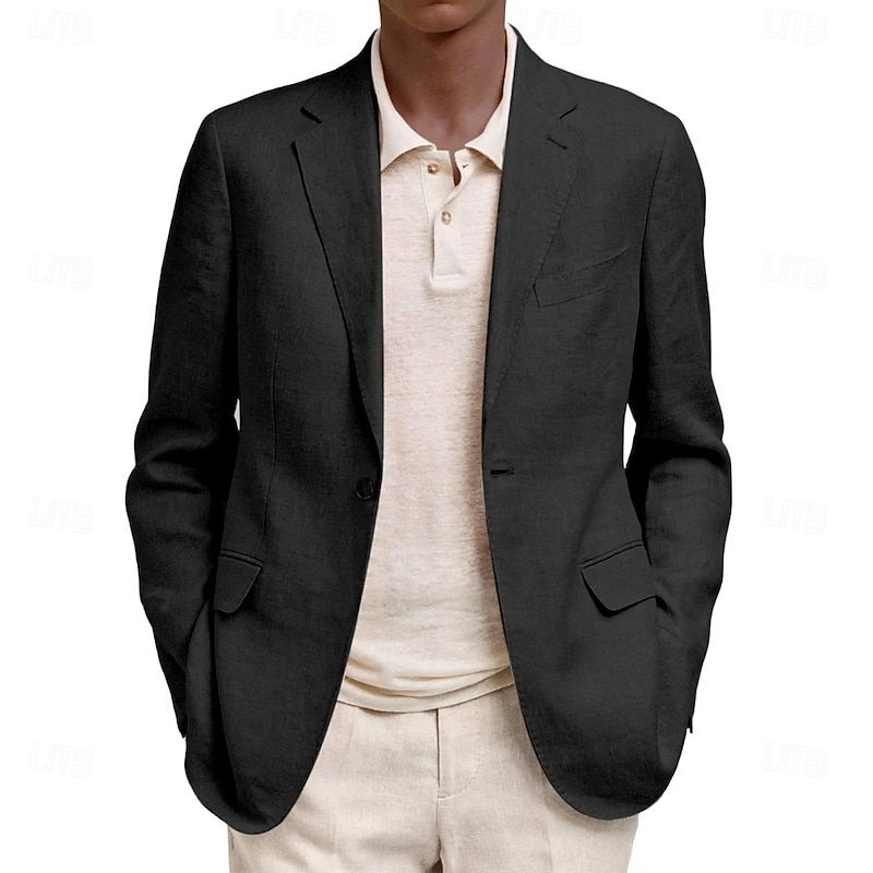 Men's Linen Blazer Sport Coat Notch Collar Fashion Solid Colored Blazer Lake blue Black Navy Blue Standard Fit Single Breasted One-button