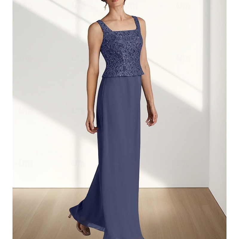 Two Piece A-Line Mother of the Bride Dress Wedding Guest Elegant Square Neck Floor Length Chiffon Lace 3/4 Length Sleeve with Lace4
