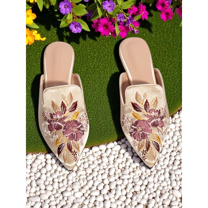 Women's Embroidered Pointed Toe Satin Mules – Vintage Floral Slip-On Flats for Casual Dates and Outdoor Strolls2
