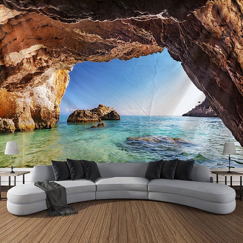 Landscape Ocean Cave Tapestry Large Tapestry Mural Decor Photograph Backdrop Blanket Curtain Home Bedroom Living Room Decoration