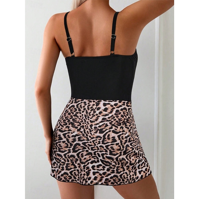 Women's One Piece Swimsuit Swim Dress Tummy Control Open Back Swimwear Leopard Print Swimwear Black White Breathable Quick Dry Lightweight Sleeveless - Swimming Surfing Beach Summer Spring3