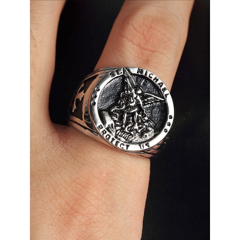 St. Michael Protect Us Ring for Men – Stainless Steel Religious Signet Ring, Vintage Catholic Jewelry for Faith, Protection and Everyday Wear