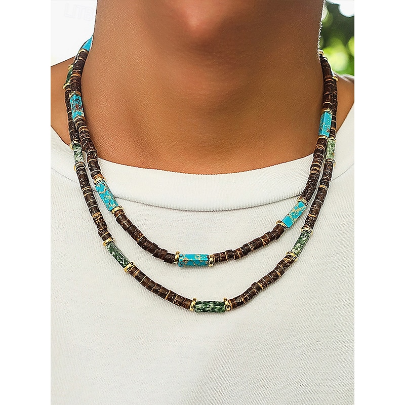 Men's Natural Wood Beaded Necklace with Turquoise Accents, Boho Surfer Style, Adjustable Jewelry for Beach, Festival and Casual Outfits2